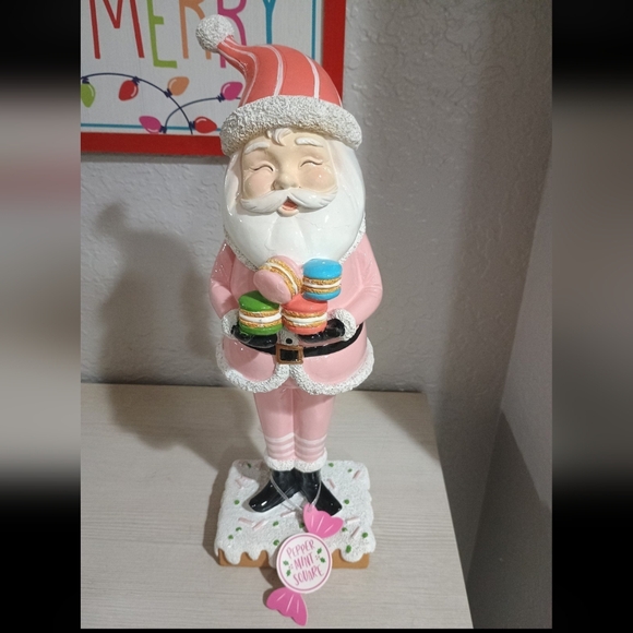 Santa Serving Macaroons Christmas Cookies Pink Pastel  Peppermint Square - Picture 3 of 6